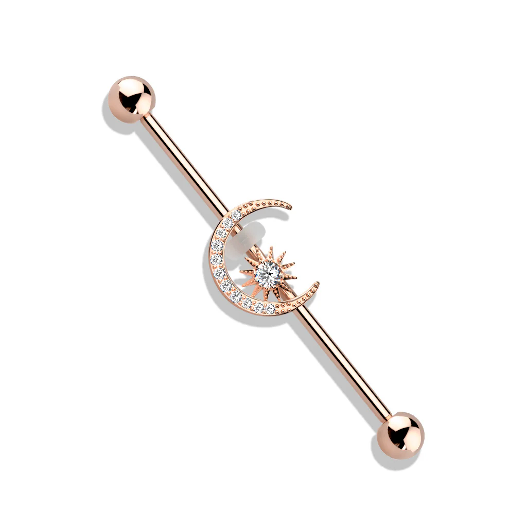 Gold Plated CZ Paved Moon With CZ Center Star Industrial Barbells - Image 3