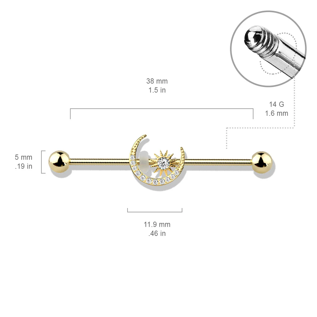 Gold Plated CZ Paved Moon With CZ Center Star Industrial Barbells - Image 4