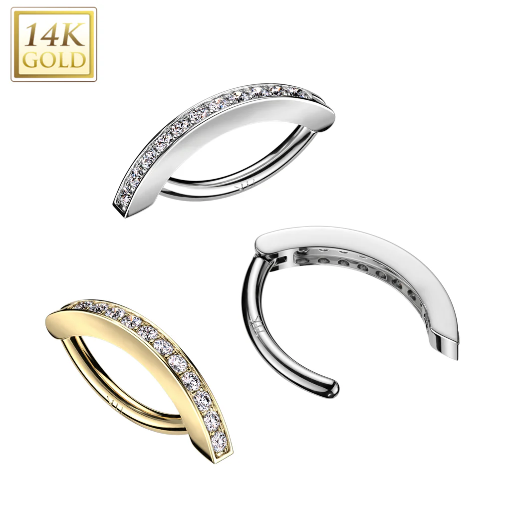 14K Solid Gold CNC Set CZ Pave Belly Button Navel Ring - Image 4