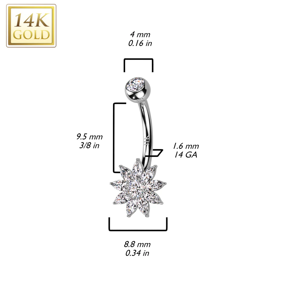 14K Solid Gold CZ Flower Navel Belly Button Ring - Image 2