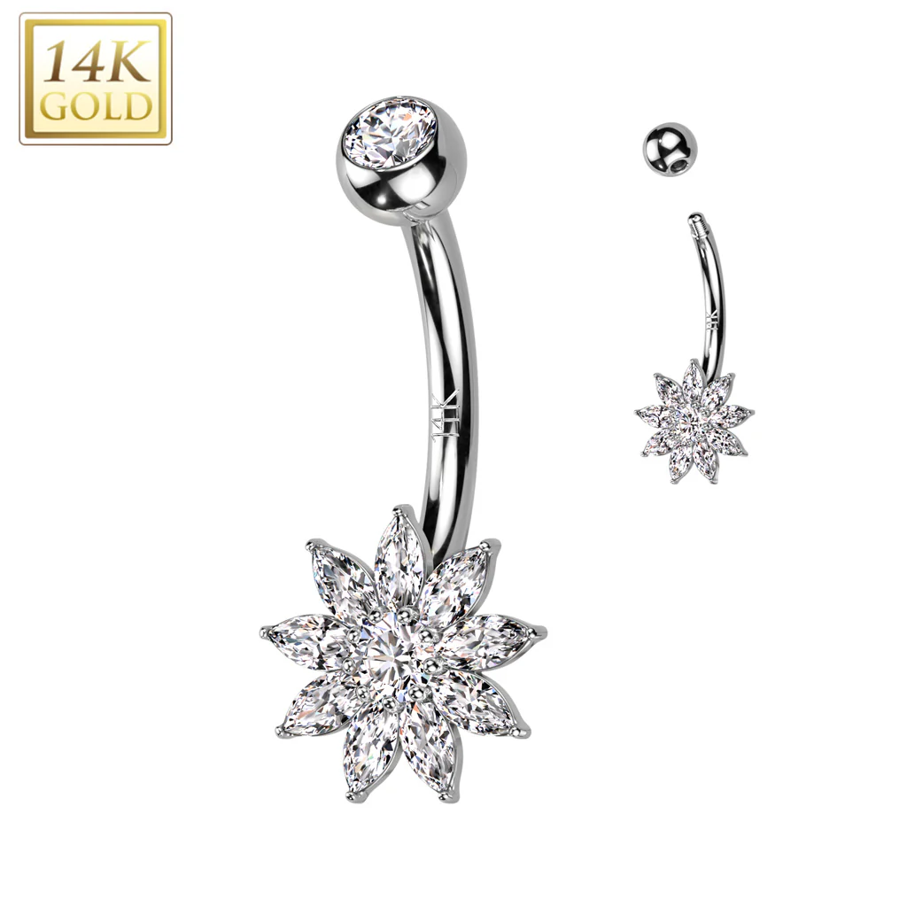 14K Solid Gold CZ Flower Navel Belly Button Ring - Image 3