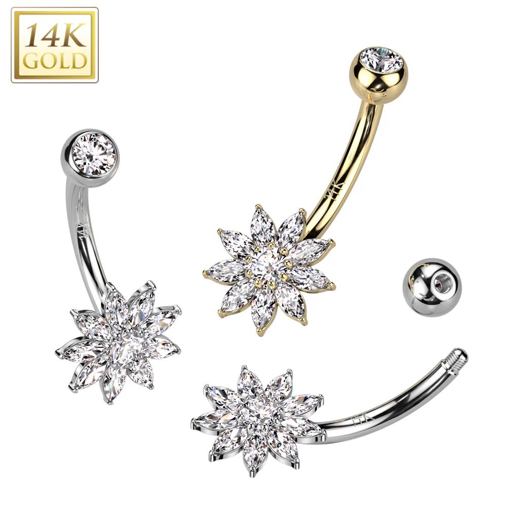 14K Solid Gold CZ Flower Navel Belly Button Ring - Image 4