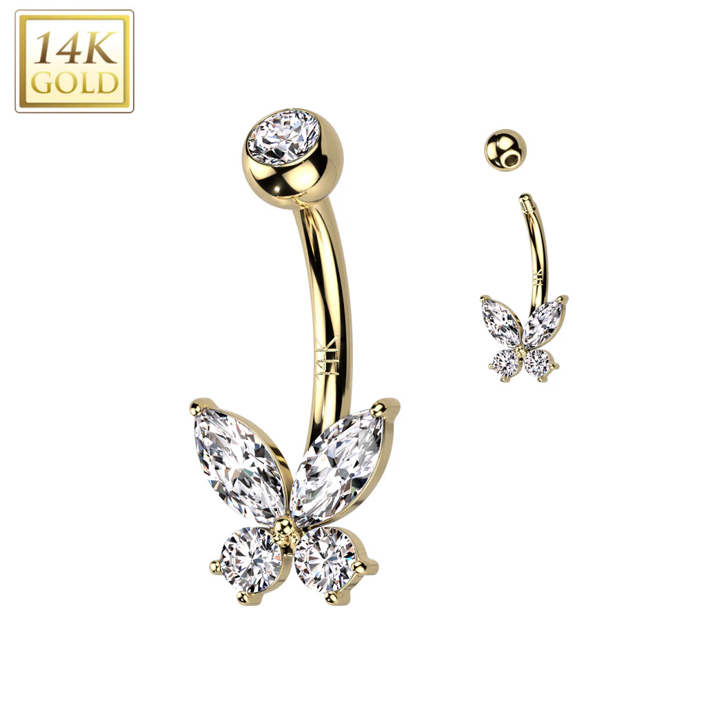 14K Solid Gold Opal or CZ Butterfly Belly Button Navel Ring - Image 4