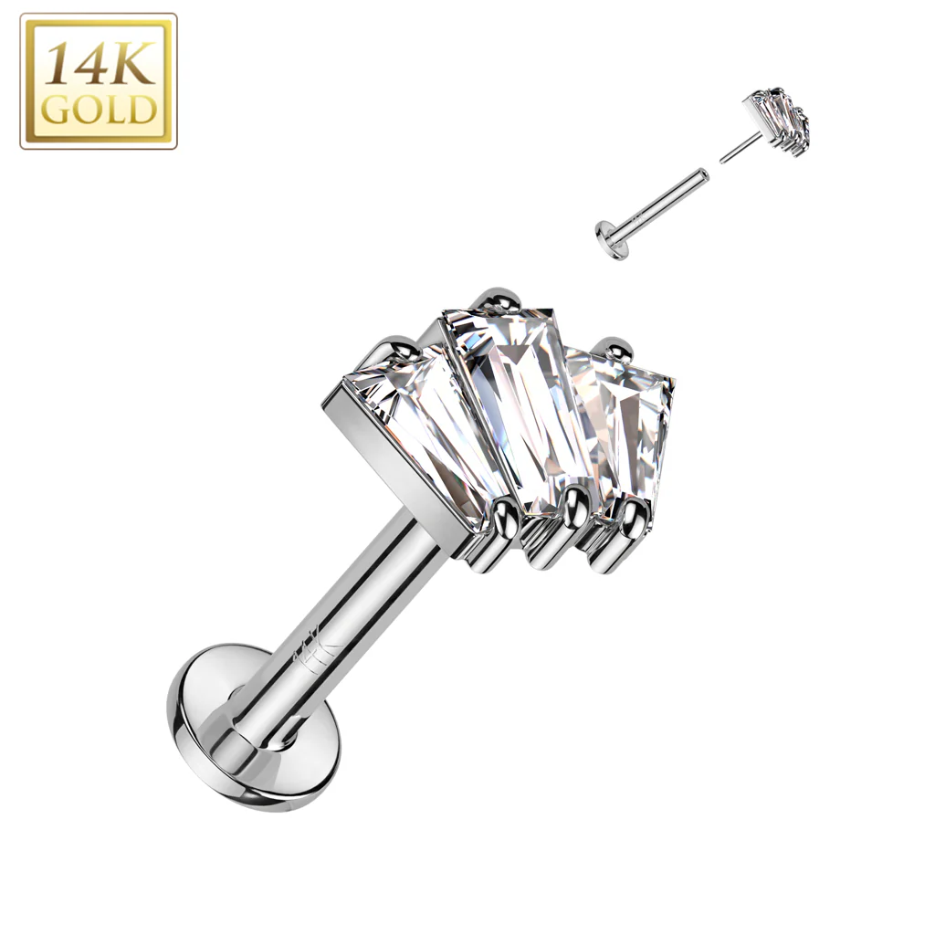 14K Solid Gold Threadless Labret With 3 CZ Fan Top - Image 2