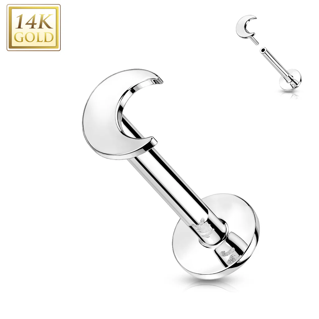 14K Solid Gold Flat Moon Top Threadless Push-In Labret for Cartilage Monroe - Image 3