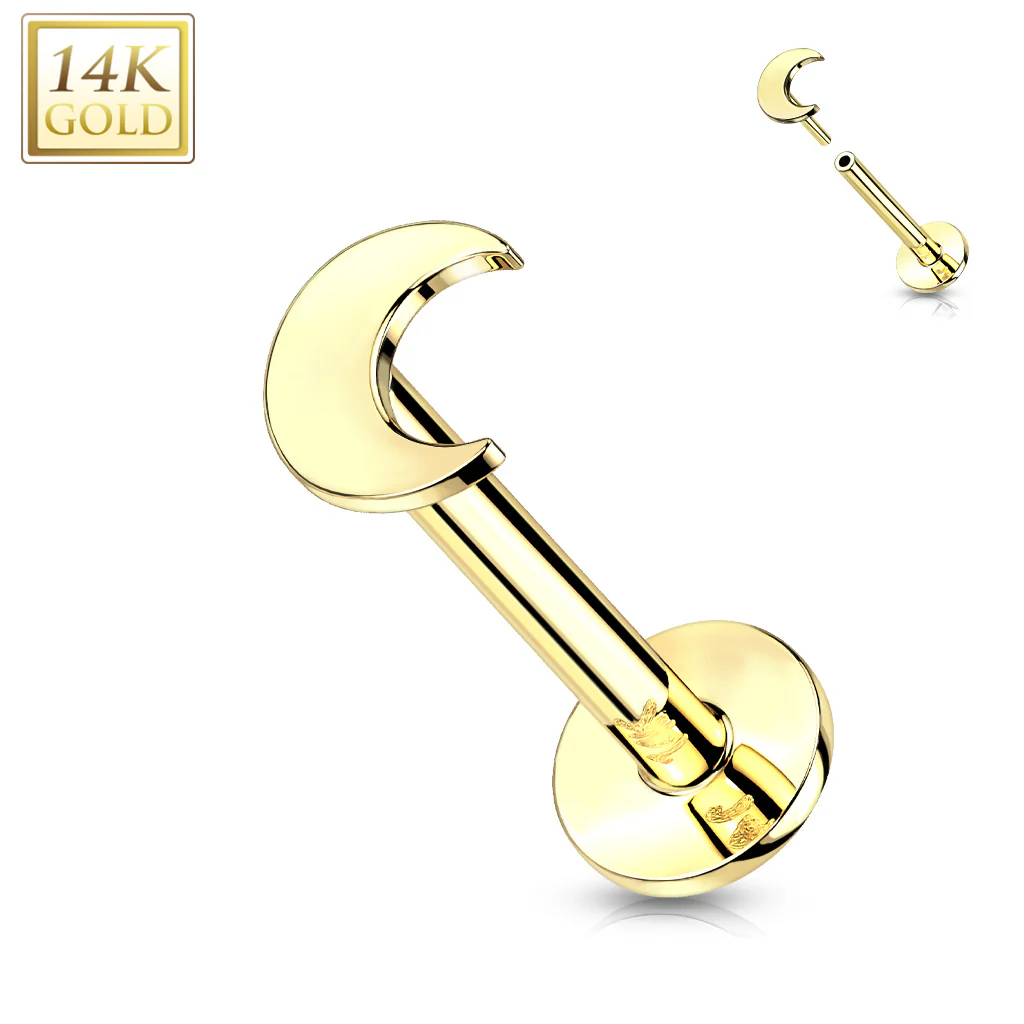 14K Solid Gold Flat Moon Top Threadless Push-In Labret for Cartilage Monroe - Image 4