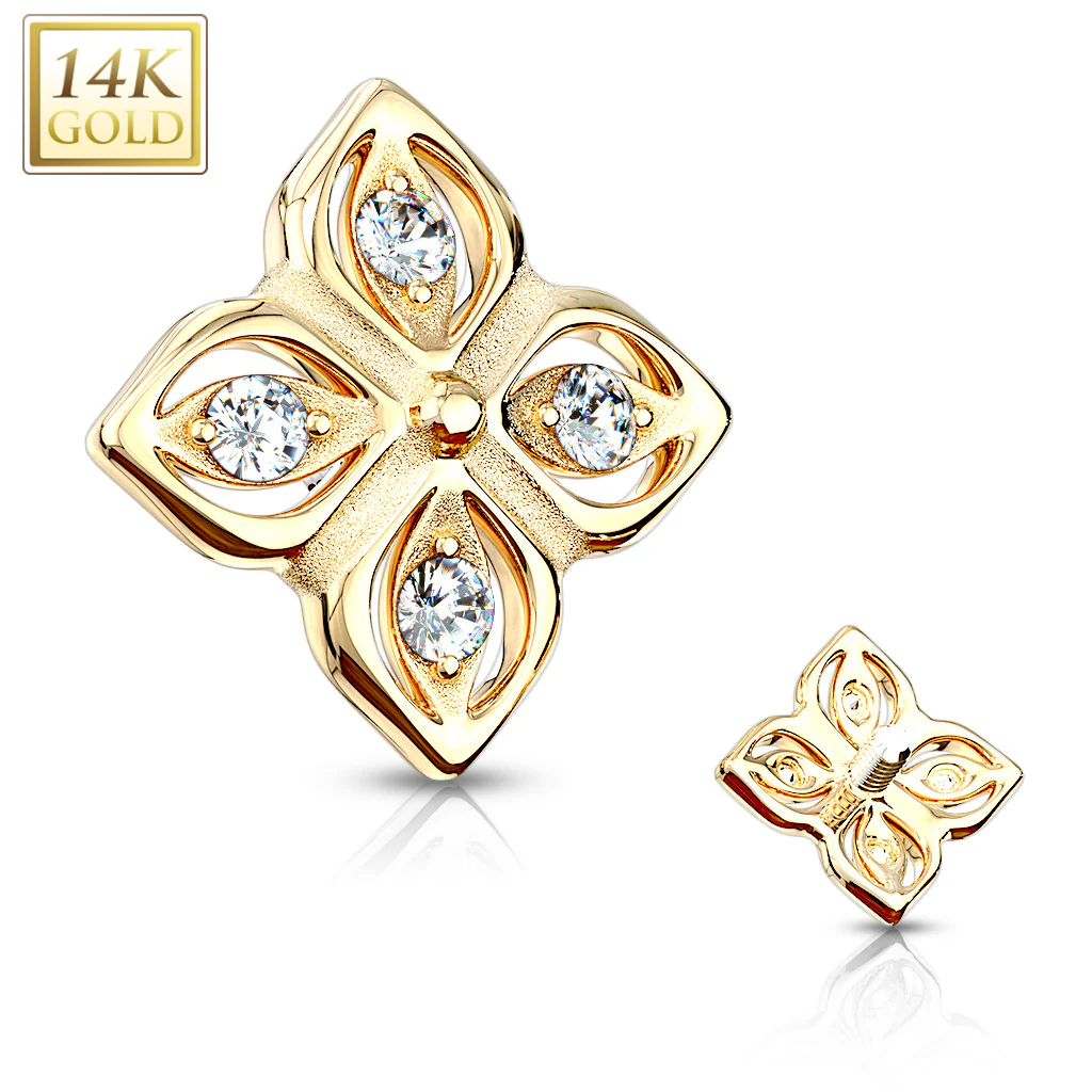 14K Solid Gold 4 CZ Paved Petal Flower 5mm Dermal Anchor Top - Image 5