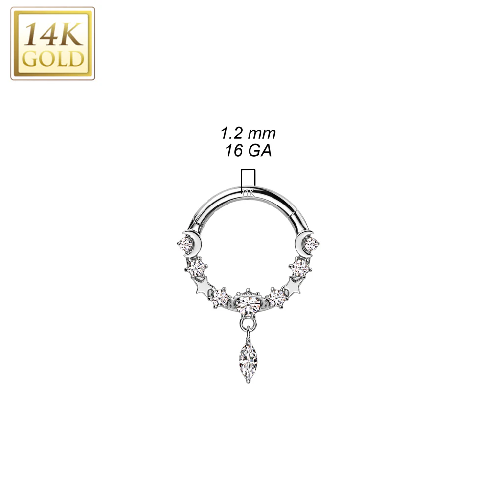 14K Solid Gold Dangle Hinged Segment Ring for Nose Septum Cartilage - Image 2
