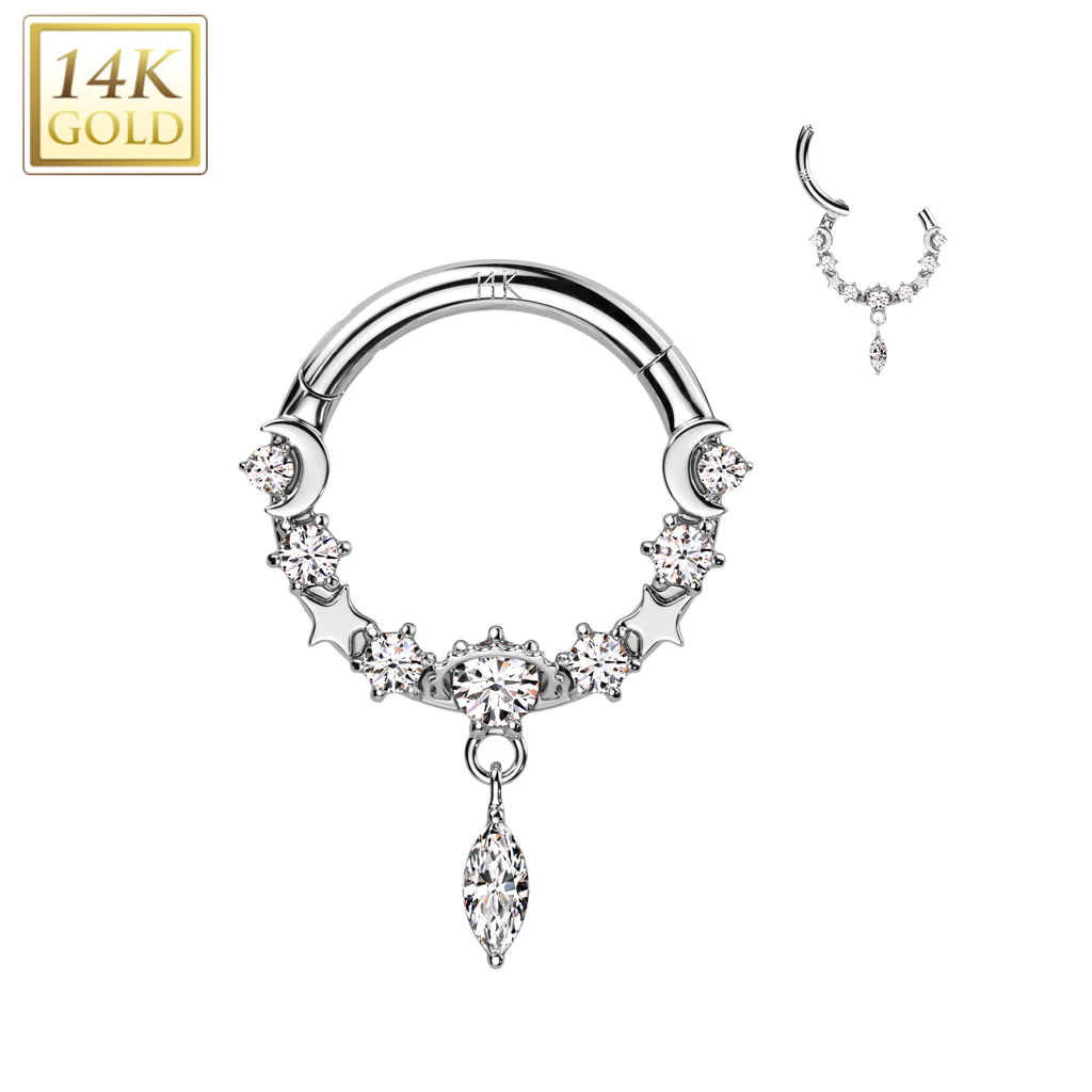14K Solid Gold Dangle Hinged Segment Ring for Nose Septum Cartilage - Image 3