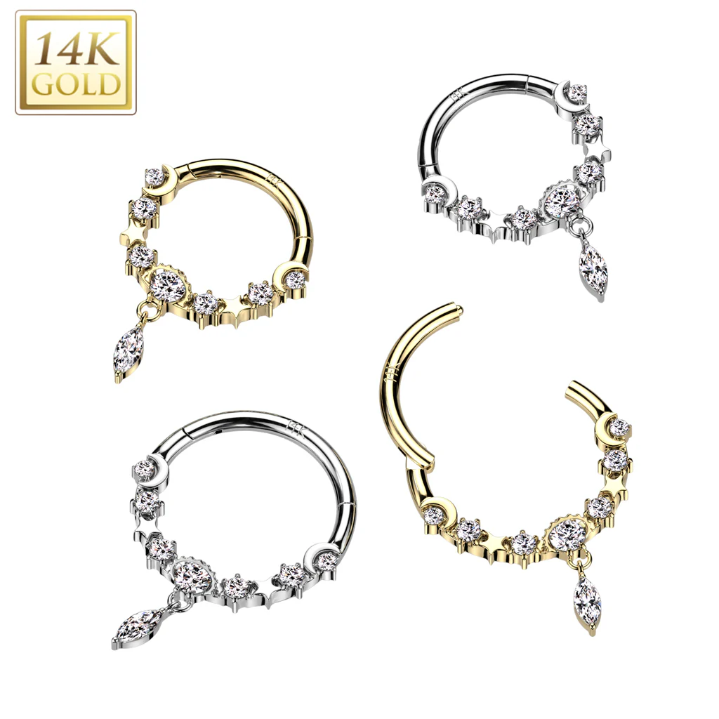 14K Solid Gold Dangle Hinged Segment Ring for Nose Septum Cartilage - Image 4
