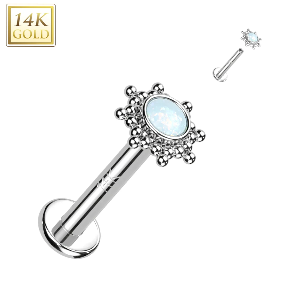 14K Solid Gold Internally Threaded Stud CZ Opal Tribal Sun Top Labret Tragus - Image 3