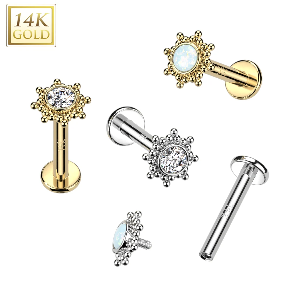 14K Solid Gold Internally Threaded Stud CZ Opal Tribal Sun Top Labret Tragus - Image 6