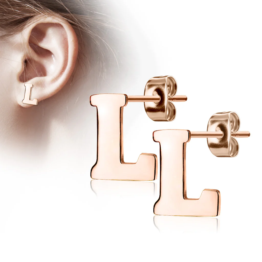 Pair of 14kt Rose Gold Plated Alphabet Initial Dangle Earring Studs - Image 14