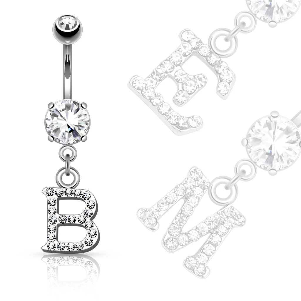 Clear Gem Paved Surgical Steel Initial Dangle Navel Belly Button Ring - Image 2
