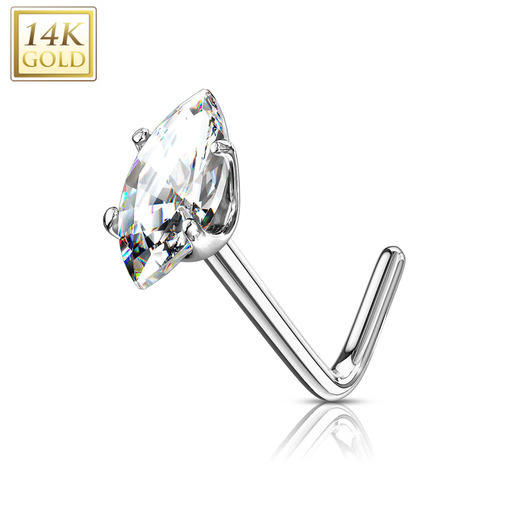 14K Solid Gold Marquise CZ L Bend Nose Stud Ring - Image 2