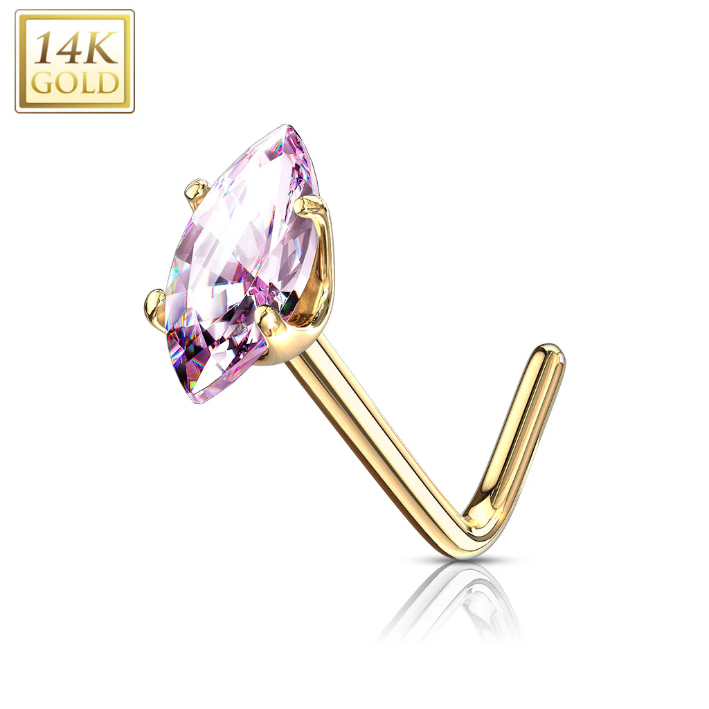 14K Solid Gold Marquise CZ L Bend Nose Stud Ring - Image 6
