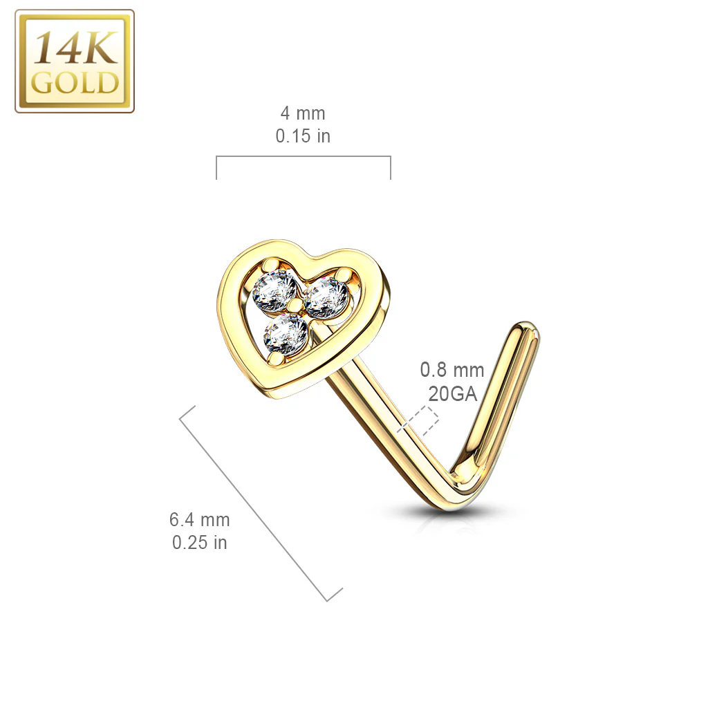 14K Solid Gold Hollow Heart With Tri Stacked CZ L Bend Nose Stud Ring - Image 2