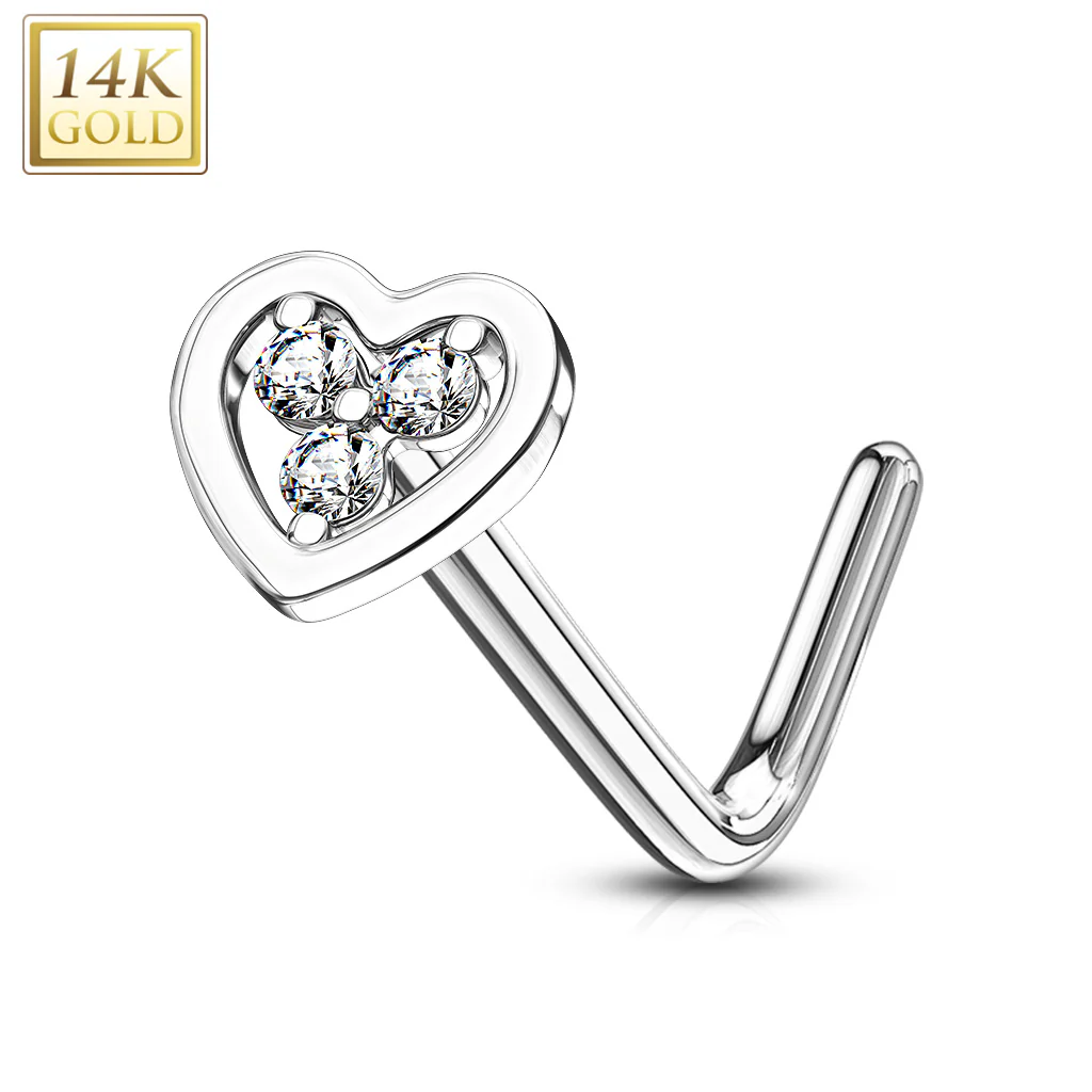 14K Solid Gold Hollow Heart With Tri Stacked CZ L Bend Nose Stud Ring - Image 3