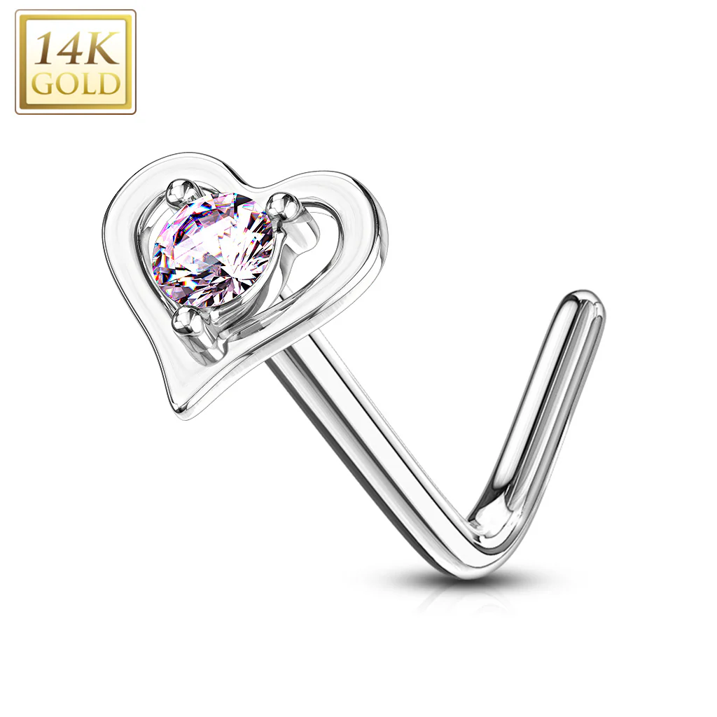 14K Solid Gold Hollow Heart With Round CZ L Bend Nose Stud Ring - Image 4