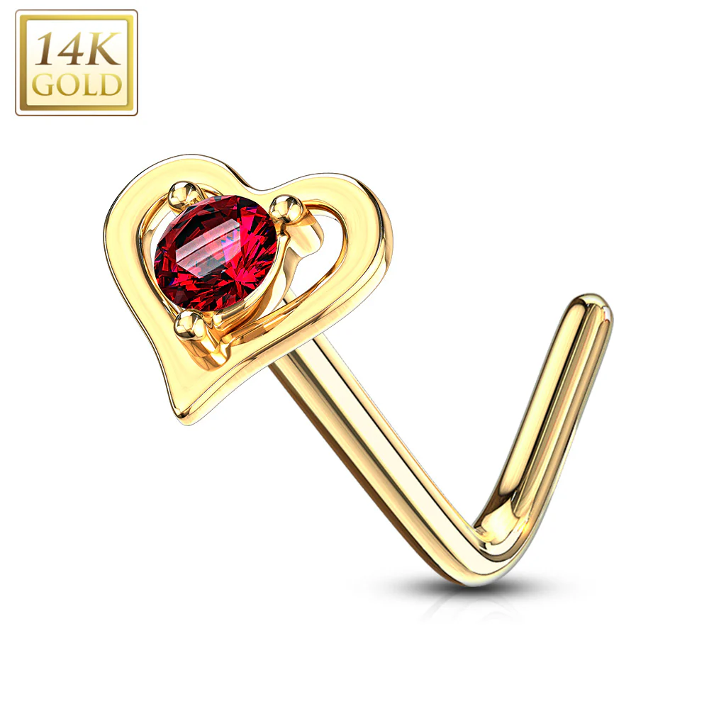14K Solid Gold Hollow Heart With Round CZ L Bend Nose Stud Ring - Image 8