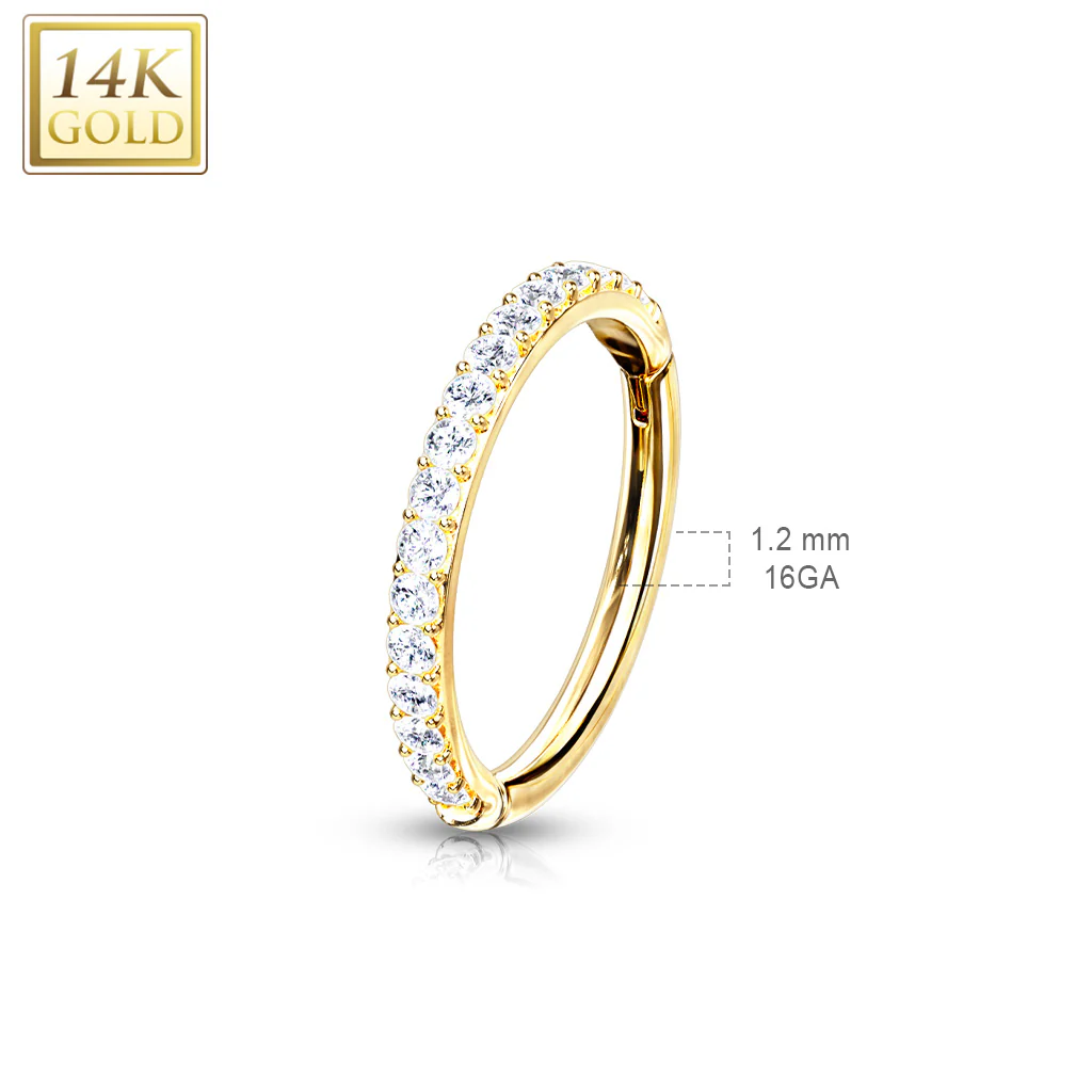 14K Solid Gold Side CZ Hinged Hoop Ring Nose Septum Daith - Image 3