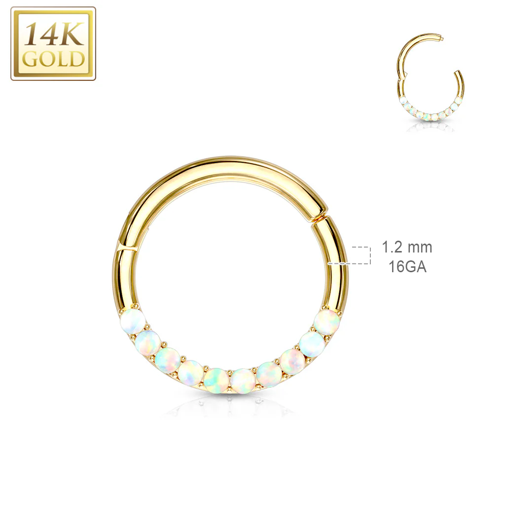 14K Solid Gold Opal Hinged Hoop Ring Nose Septum Daith - Image 3