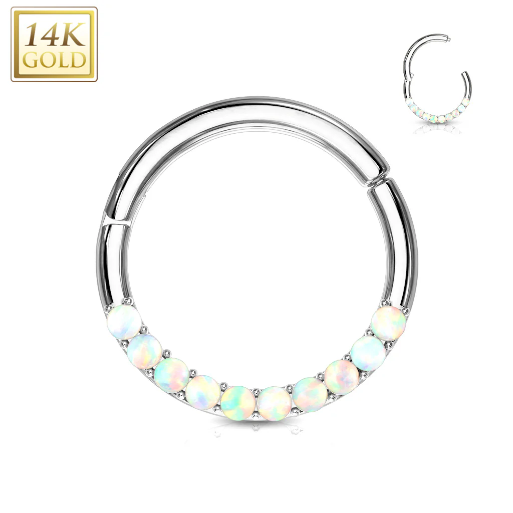 14K Solid Gold Opal Hinged Hoop Ring Nose Septum Daith - Image 4