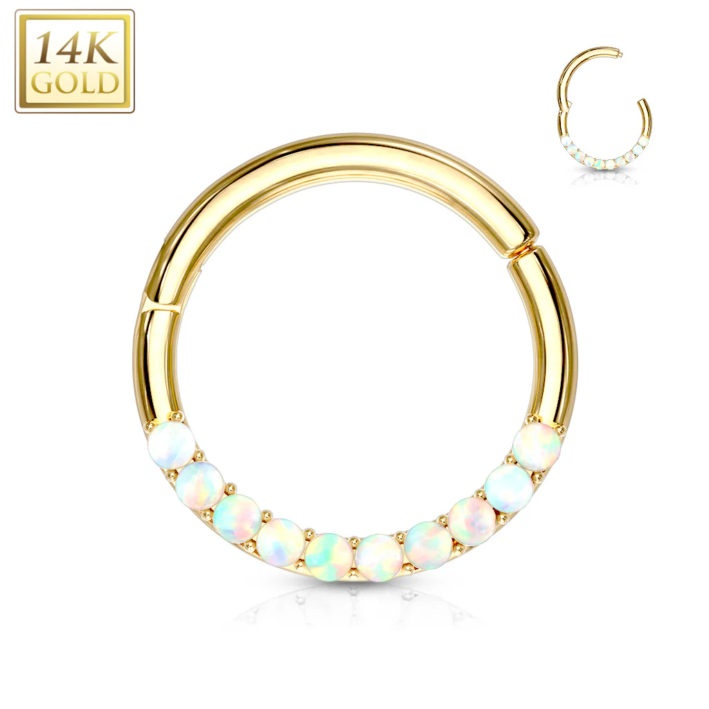 14K Solid Gold Opal Hinged Hoop Ring Nose Septum Daith - Image 5