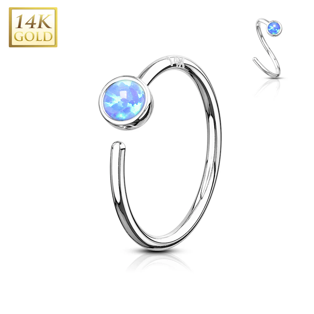 14K Solid Gold Bezel Set Opal Stone Nose Hoop Ring - Image 5