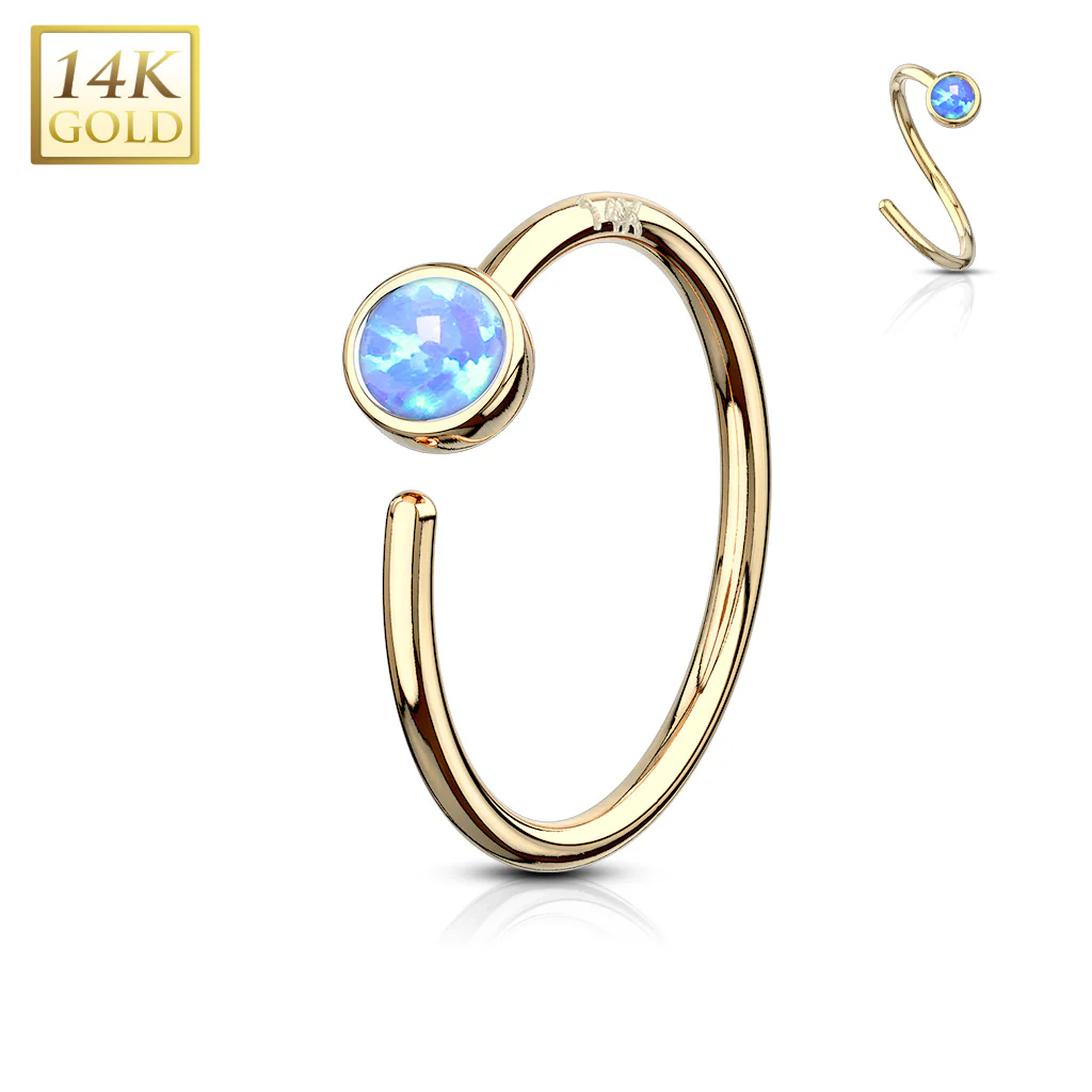 14K Solid Gold Bezel Set Opal Stone Nose Hoop Ring - Image 7