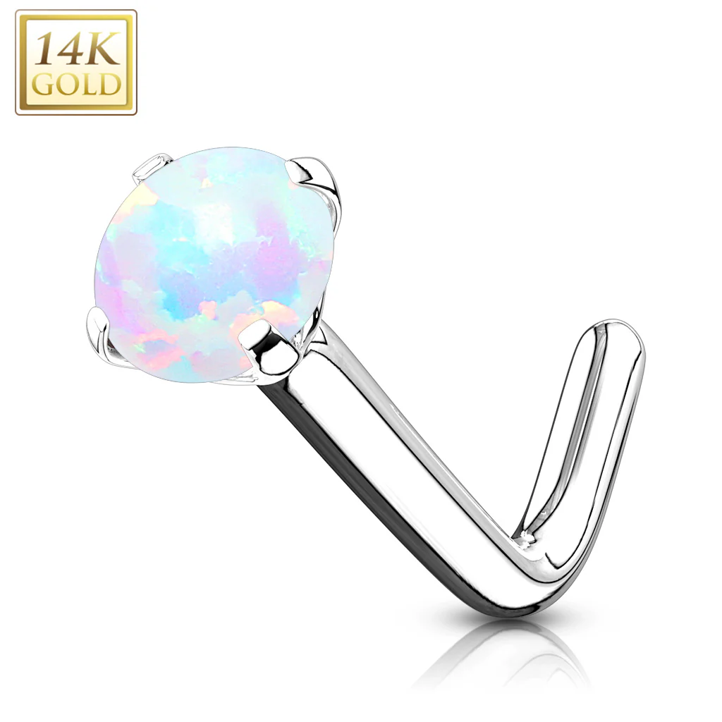 14K Solid Gold 2mm Opal L Bend Nose Ring - Image 2