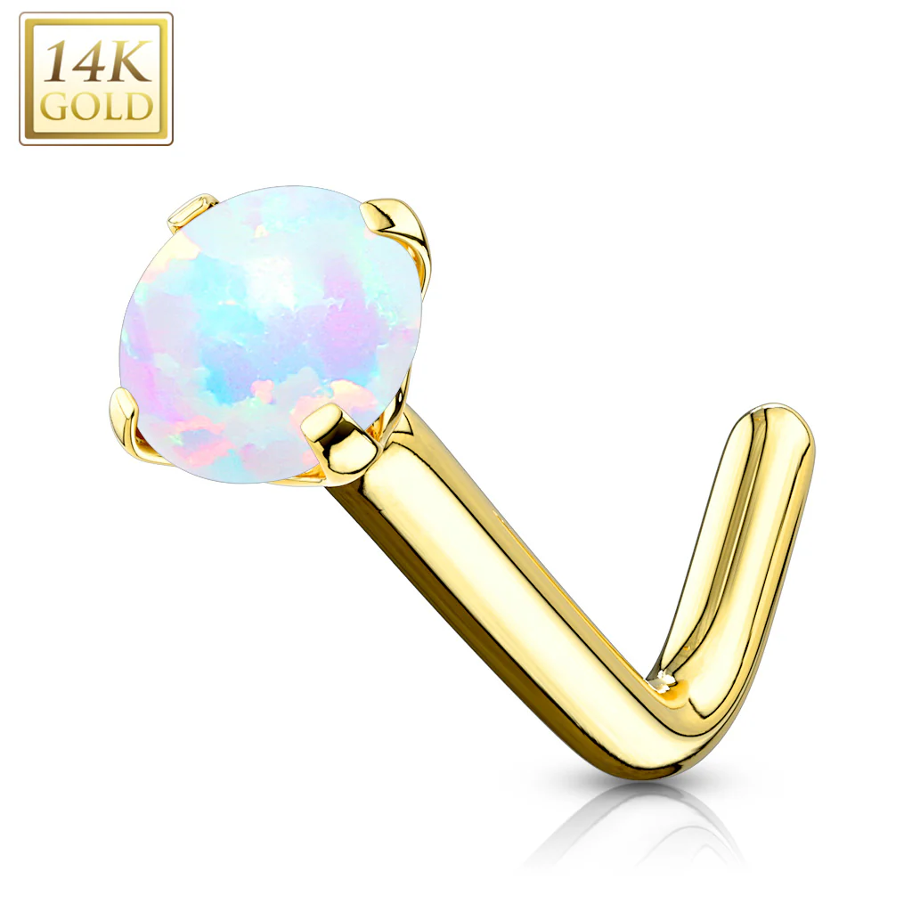 14K Solid Gold 2mm Opal L Bend Nose Ring - Image 3