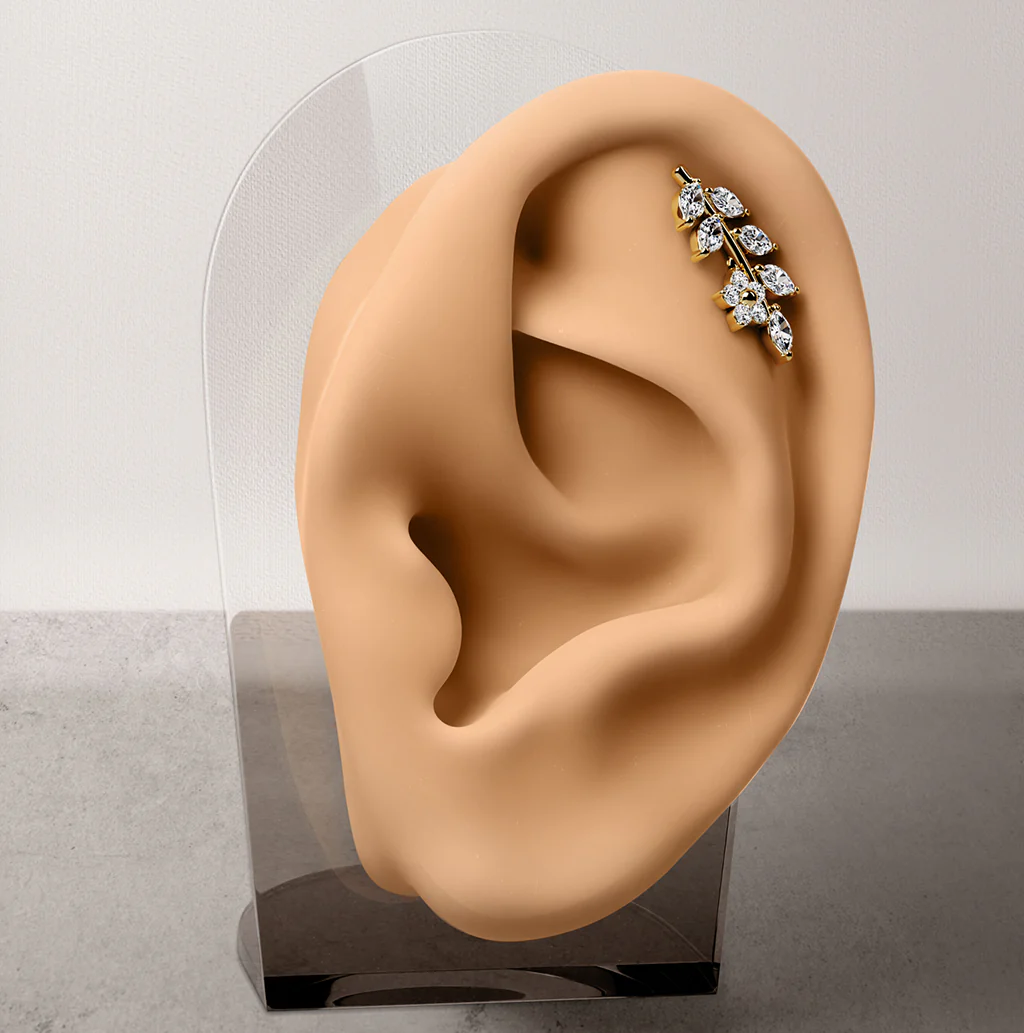 CZ Flower and Vine Top Ear Cartilage Helix Daith Tragus Barbell Earrings - Image 2
