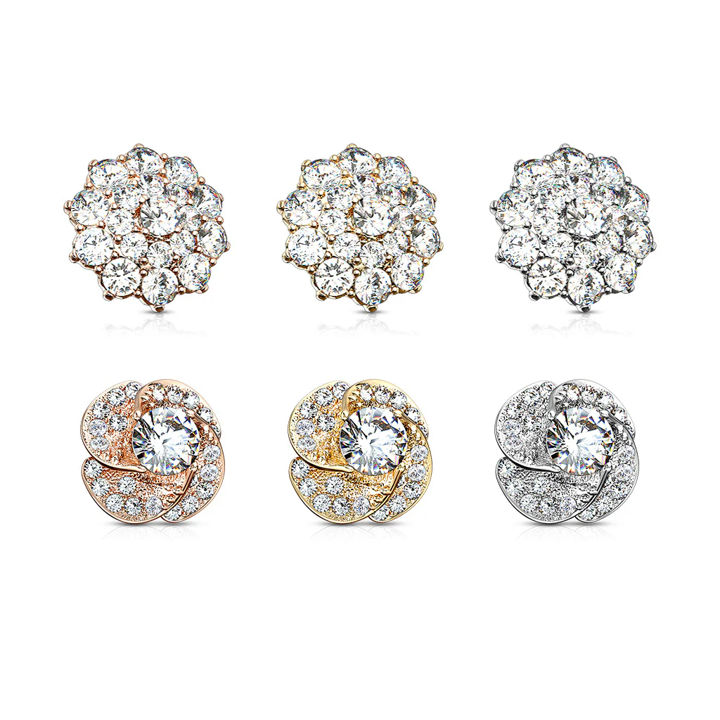 24 Pc Box Set Flower And Roes Blossom CZ Dermal Anchor Tops Internally Threaded