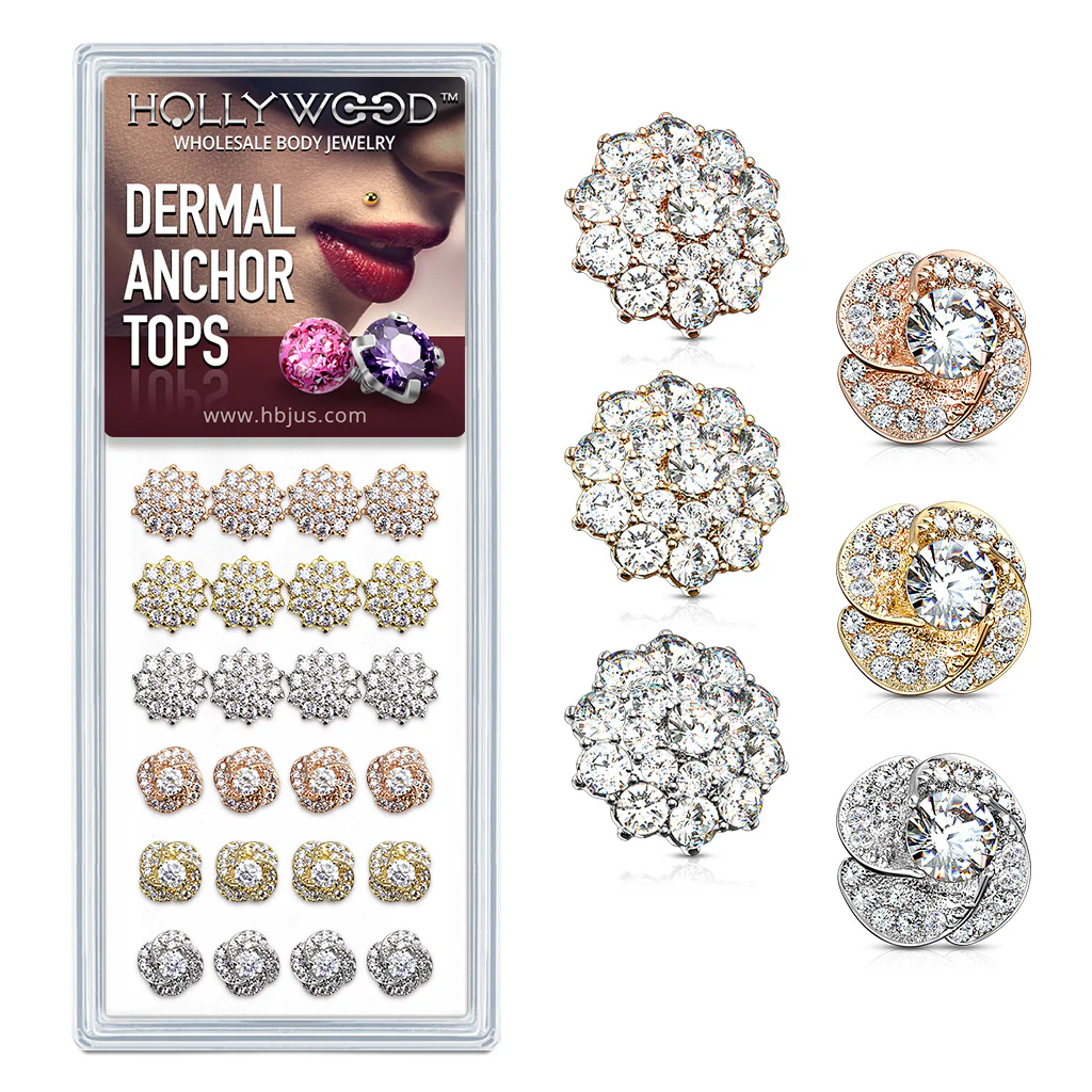 24 Pc Box Set Flower And Roes Blossom CZ Dermal Anchor Tops Internally Threaded - Image 2