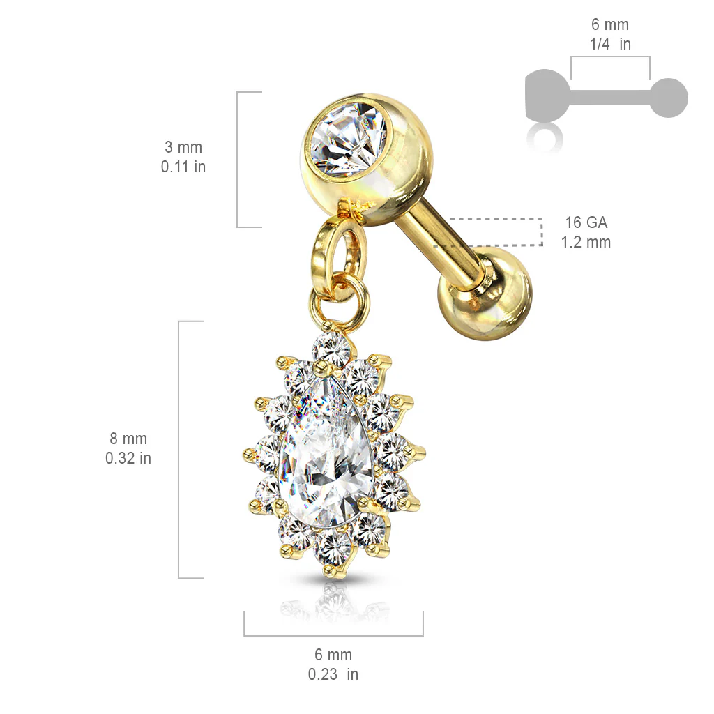 Gold Pear CZ With CZ Surrounding Dangle Jeweled Cartilage Helix Tragus Barbell - Image 3