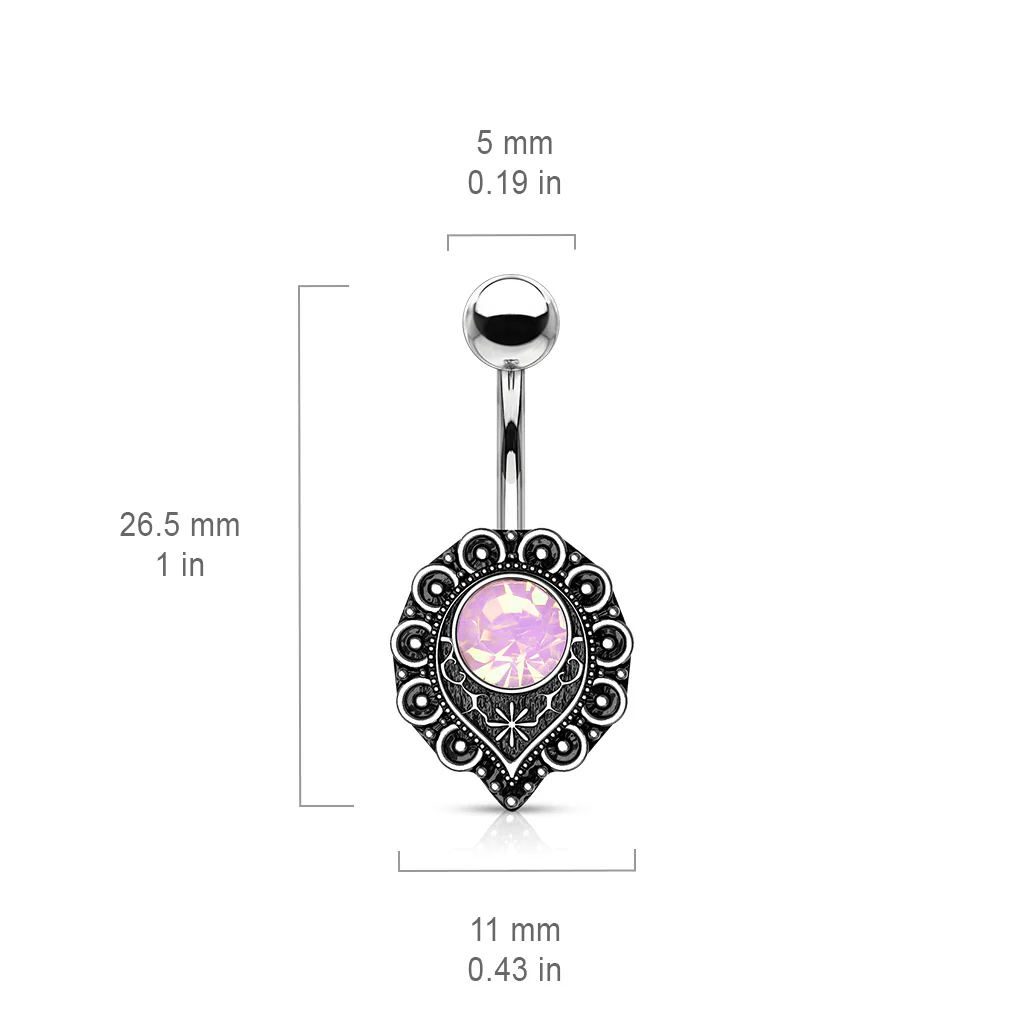 Pink Opalite Crystal Center Heart Filigree Navel Belly Button Ring - Image 2