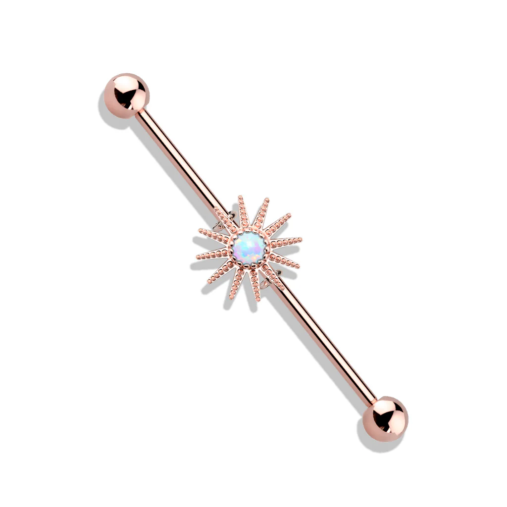 Gold Plated Surgical Steel Opal Stone Sunburst Industrial Barbells - Image 5