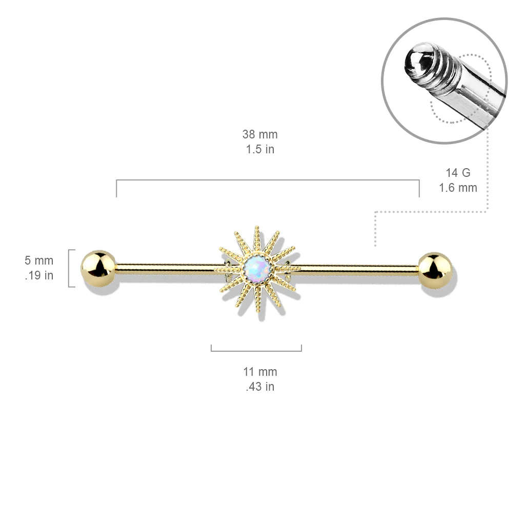 Gold Plated Surgical Steel Opal Stone Sunburst Industrial Barbells - Image 6