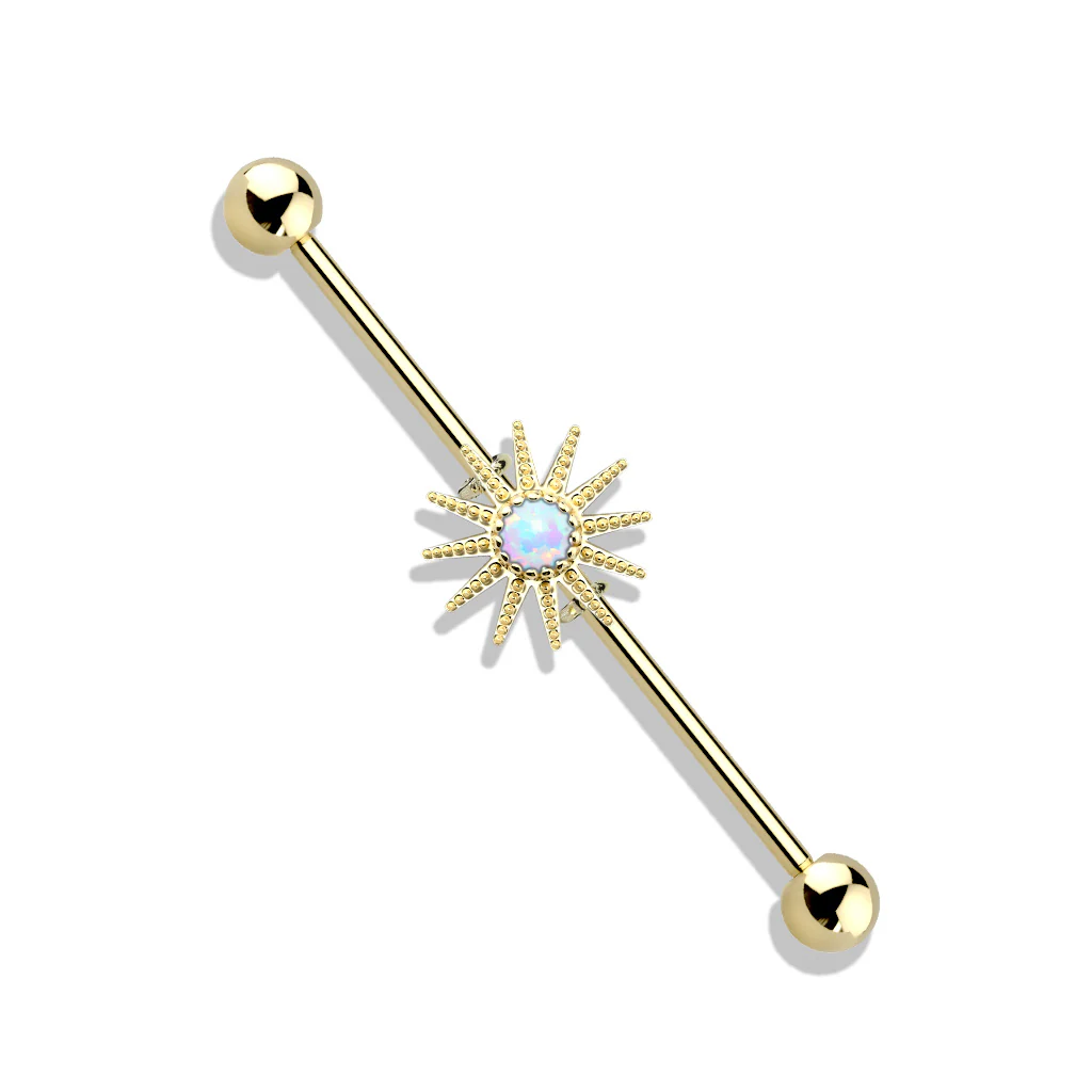 Gold Plated Surgical Steel Opal Stone Sunburst Industrial Barbells - Image 8