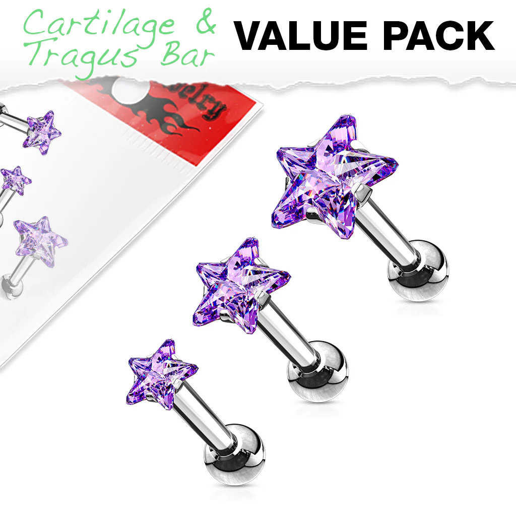 3 Pcs 3mm 4mm 5mm Tanzanite Star CZ Cartilage Triple Helix Tragus Barbell Studs