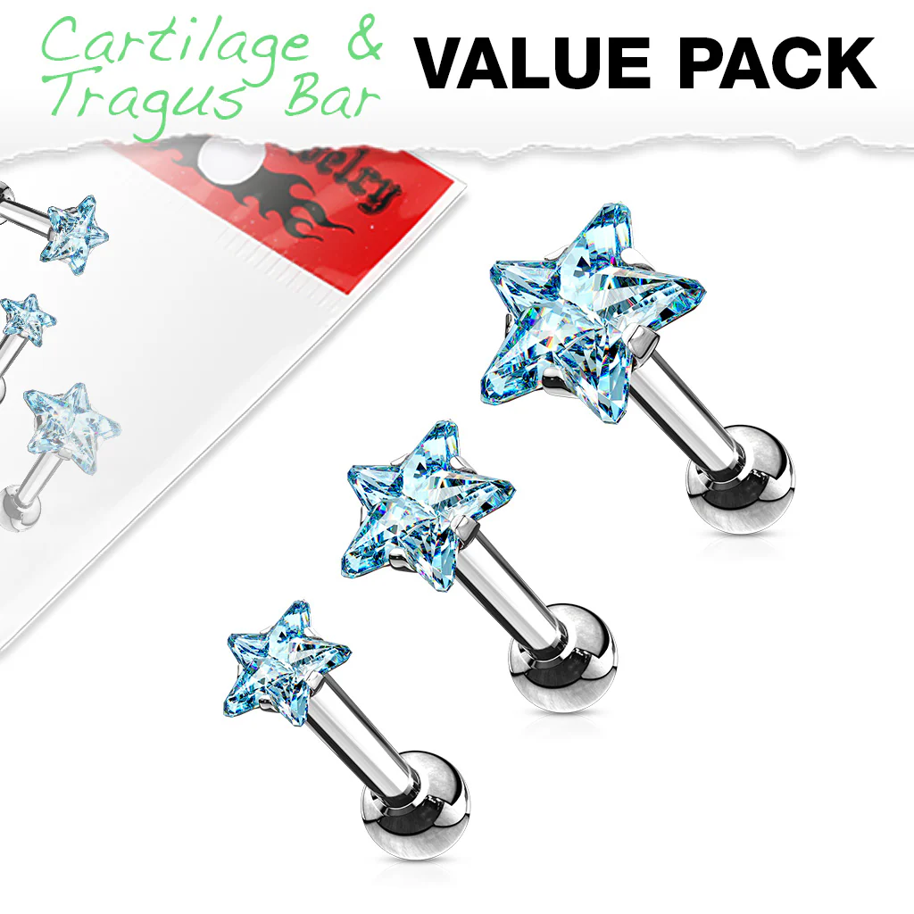 3 Pcs 3mm 4mm 5mm Aqua Star CZ Cartilage Triple Helix Tragus Barbell Studs