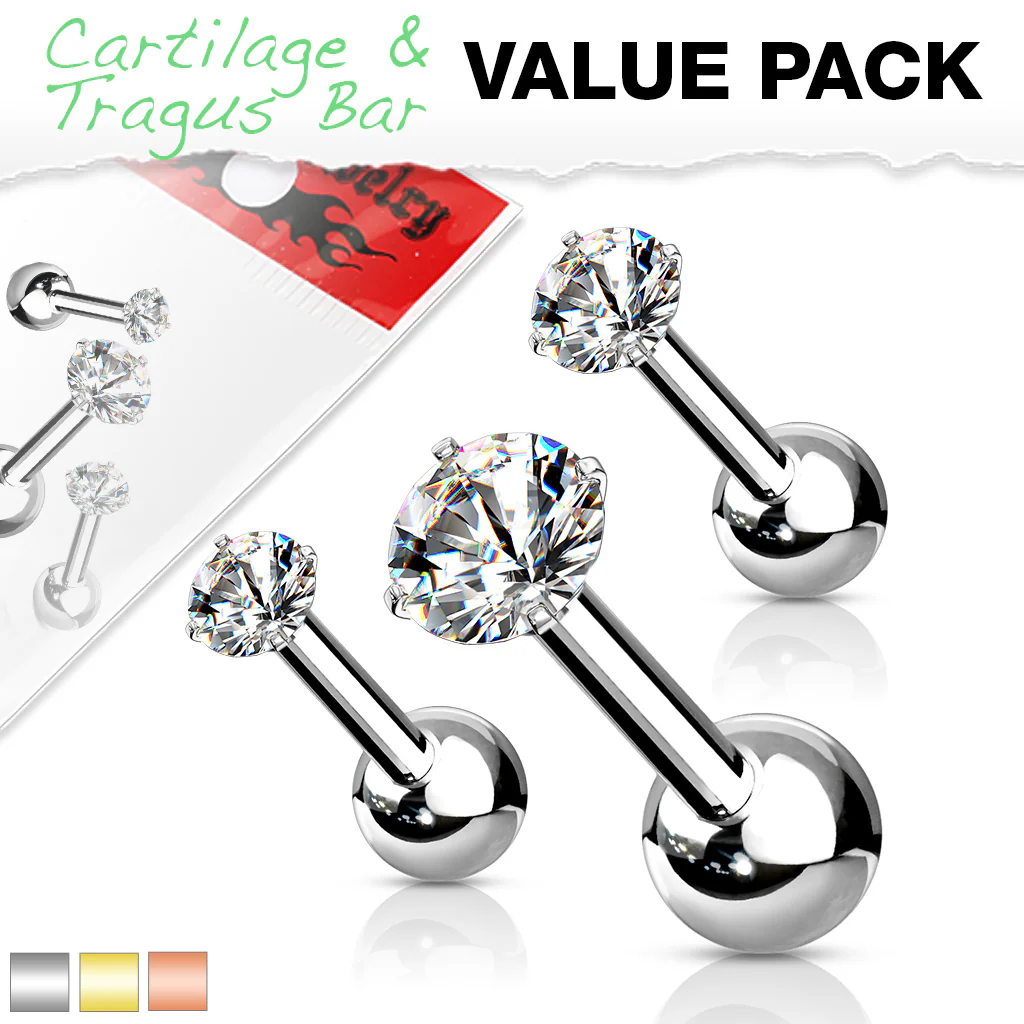 3 Pcs 3mm 4mm 5mm Prong Set CZ Cartilage Triple Helix Tragus Barbell Studs