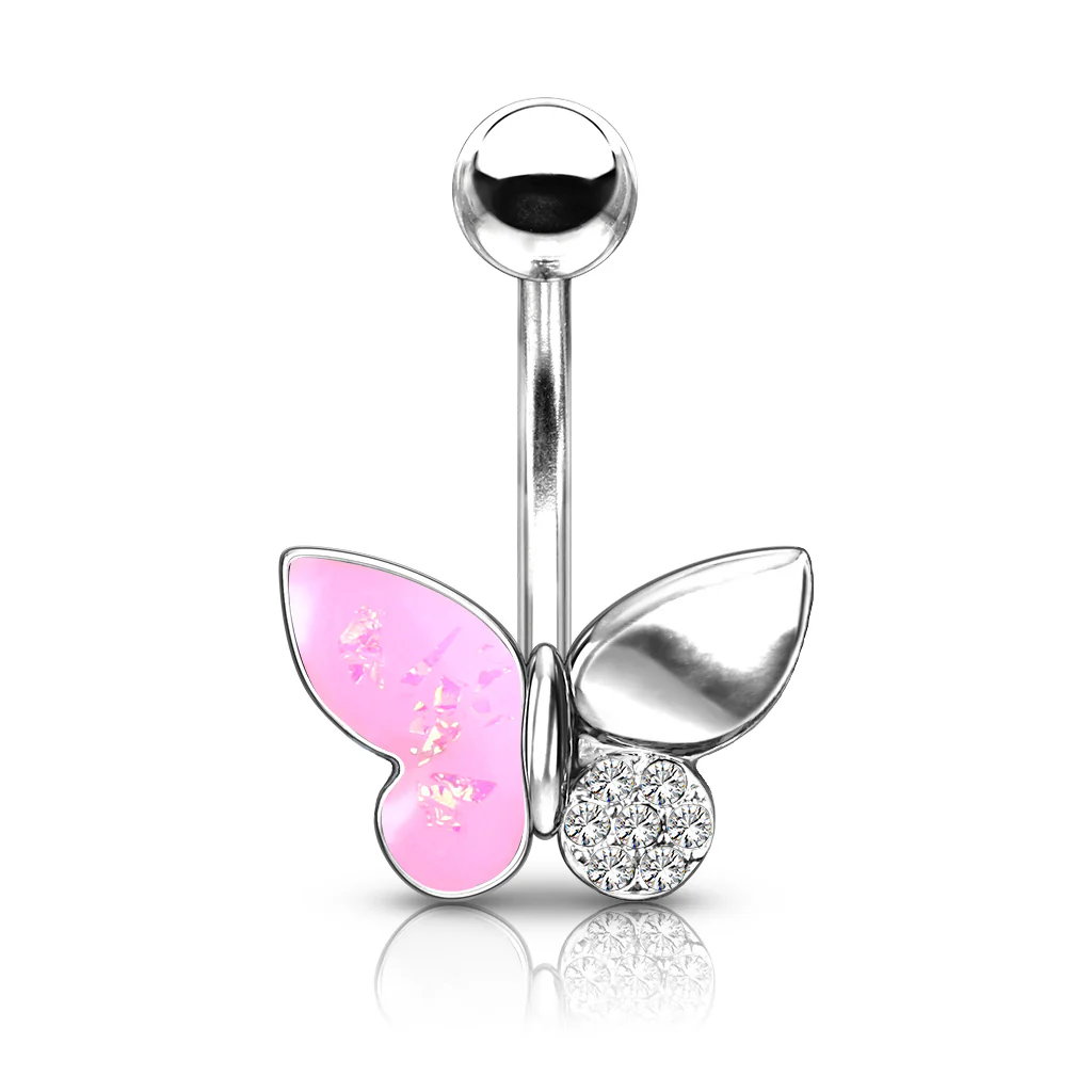Butterfly With Opal Glitter Filled And Crystal Paved Wings Belly Button Navel Rings - Image 2