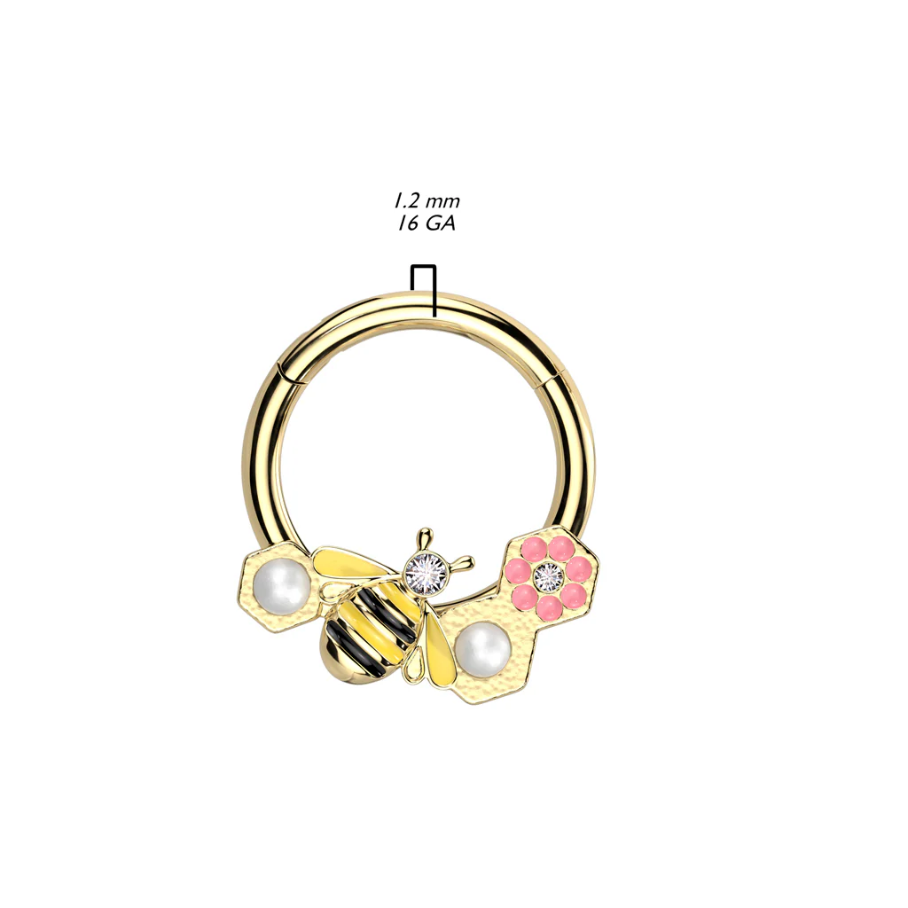 Bee & Flower & Pearl Hinged Hoop Segment Rings  Nose Septum Ear Cartilage - Image 2