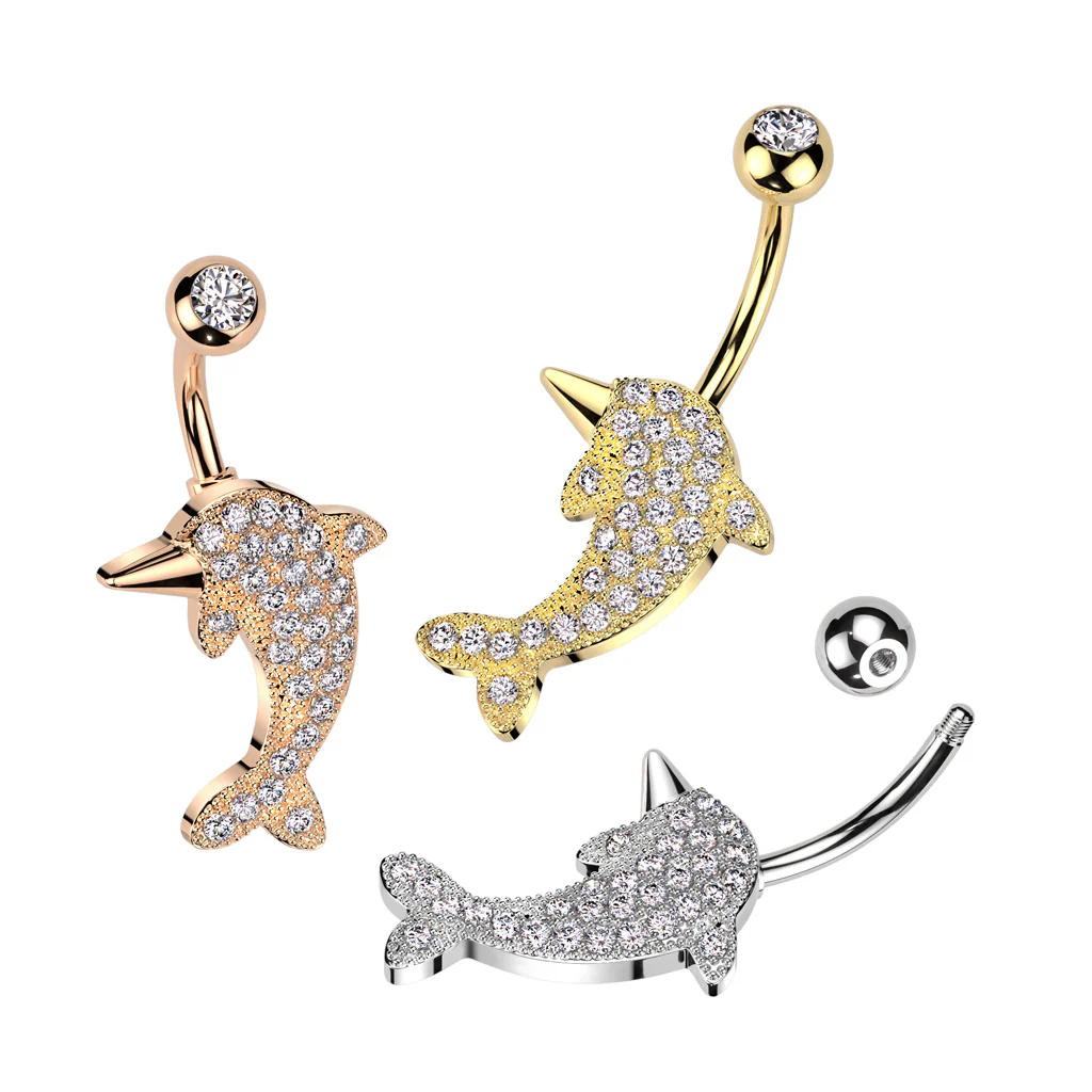 316L Surgical Steel Pave CZ Dolphin Belly Button Ring