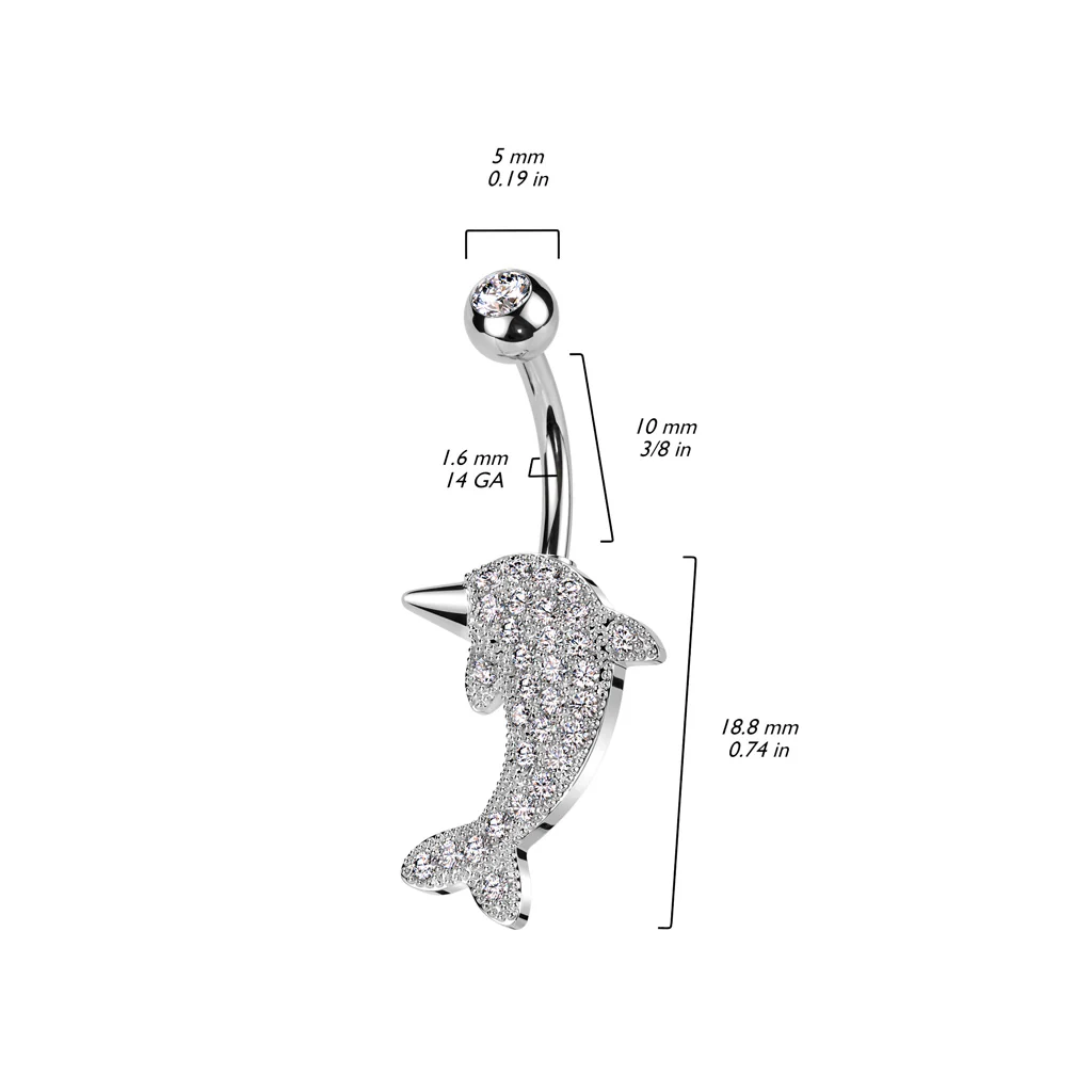 316L Surgical Steel Pave CZ Dolphin Belly Button Ring - Image 2