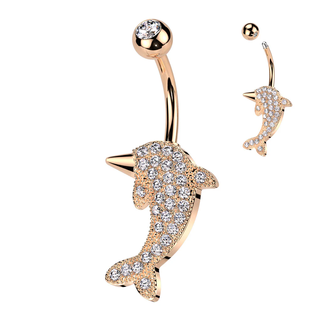 316L Surgical Steel Pave CZ Dolphin Belly Button Ring - Image 3