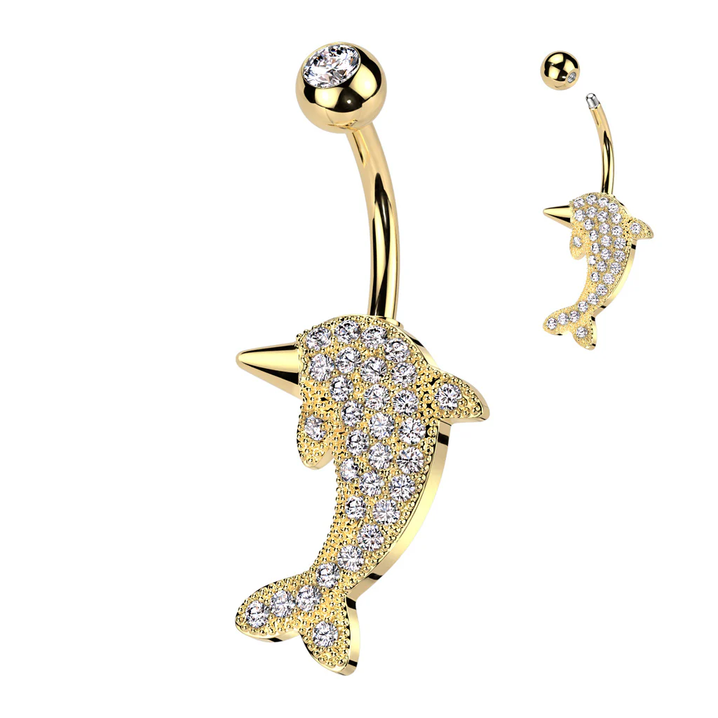 316L Surgical Steel Pave CZ Dolphin Belly Button Ring - Image 4