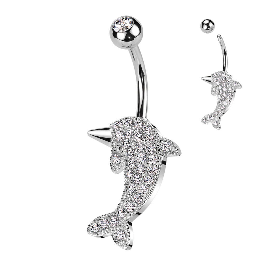 316L Surgical Steel Pave CZ Dolphin Belly Button Ring - Image 5